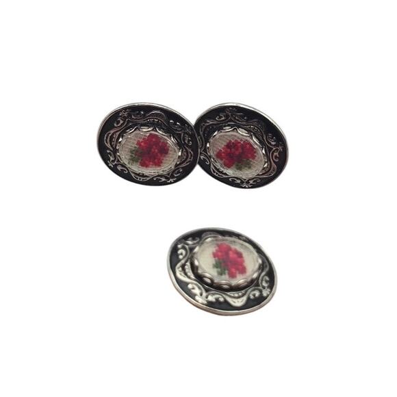 Vintage Petit Point Embroidered Rose Ring & Earring Set - Picture 5 of 8